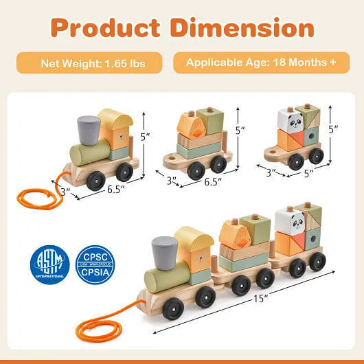 3-Section Toy Wooden Train Set with Stackable Building Blocks - Color: Multicolo