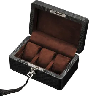 3-Slot Watch Case with Lock, Watch Box Organizer, Removable Watch Pillows, Black Carbon Fiber Leather Watch Case Display