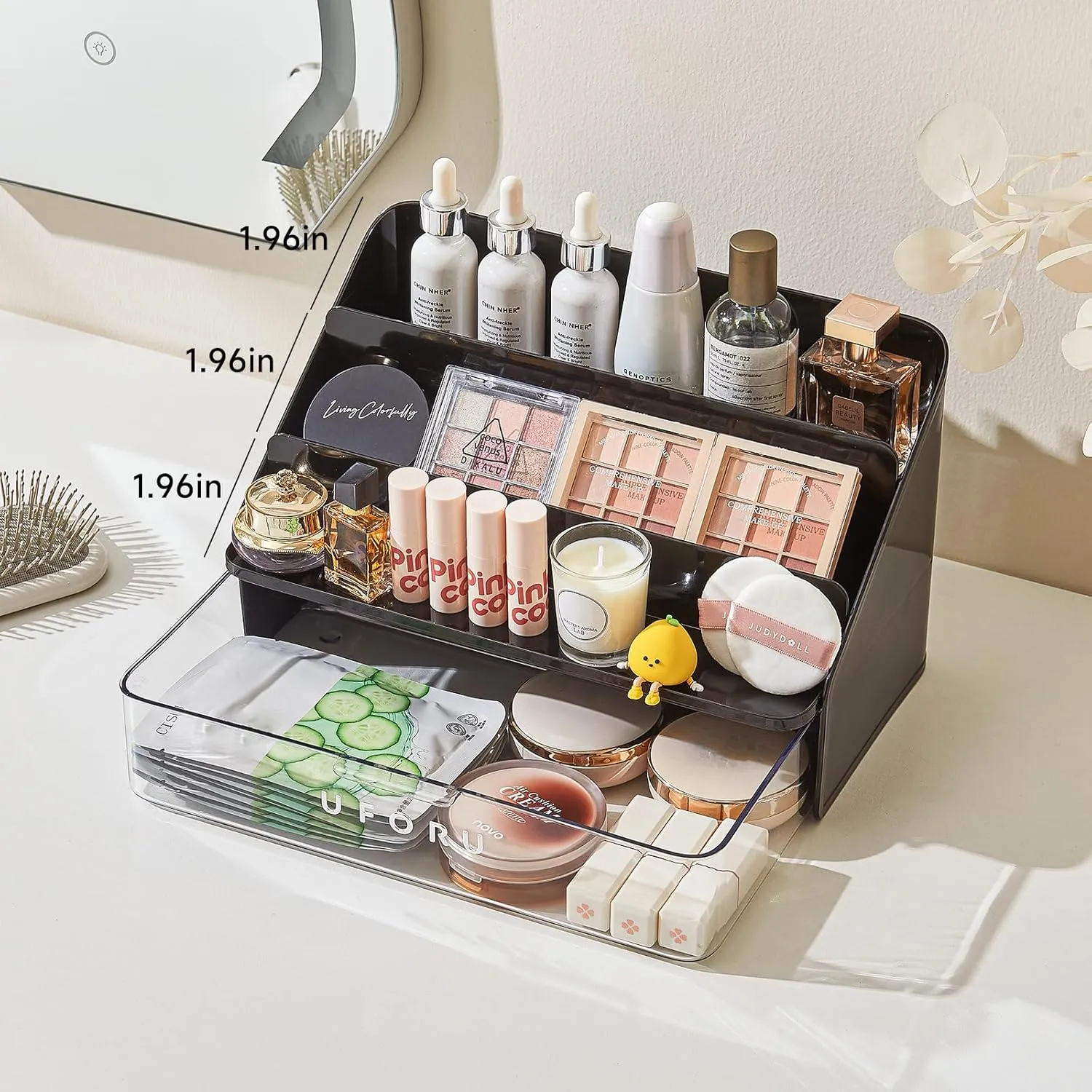 3-Tier Display Riser with Large Detachable Drawer, Plastic Storage Shelf, Perfume and Cologne Organizer Stand, Makeup Organizer for Vanity, Bathroom, Office, Black