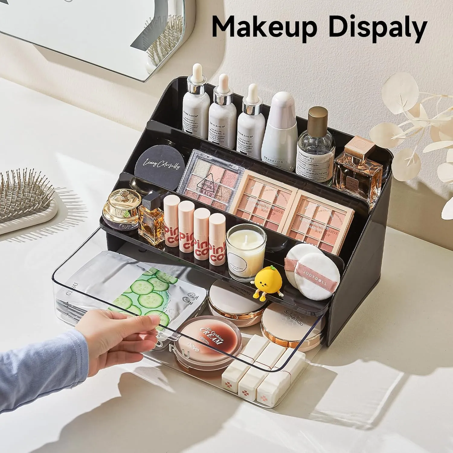 3-Tier Display Riser with Large Detachable Drawer, Plastic Storage Shelf, Perfume and Cologne Organizer Stand, Makeup Organizer for Vanity, Bathroom, Office, Black