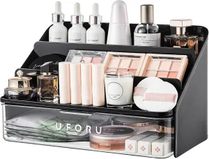 3-Tier Display Riser with Large Detachable Drawer, Plastic Storage Shelf, Perfume and Cologne Organizer Stand, Makeup Organizer for Vanity, Bathroom, Office, Black