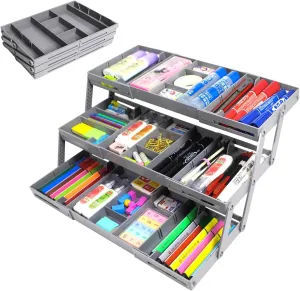 3-Tier Expandable Drawer Organizer - Multi-Level Folding Smart Drawer for Makeup, Jewelry, Desk, Office - 1 Row 3 Tier - Grey