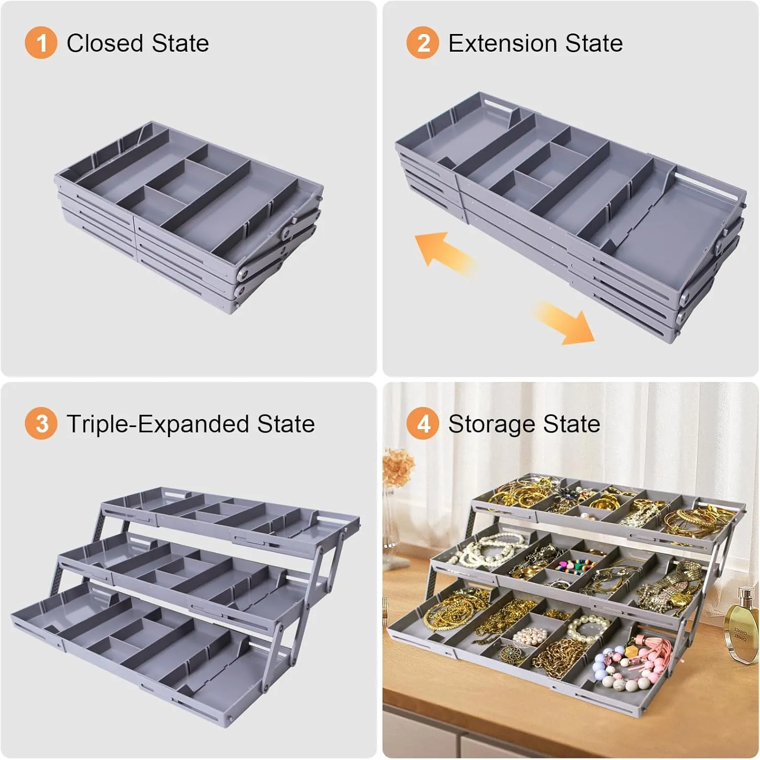 3-Tier Expandable Drawer Organizer - Multi-Level Folding Smart Drawer for Makeup, Jewelry, Desk, Office - 1 Row 3 Tier - Grey