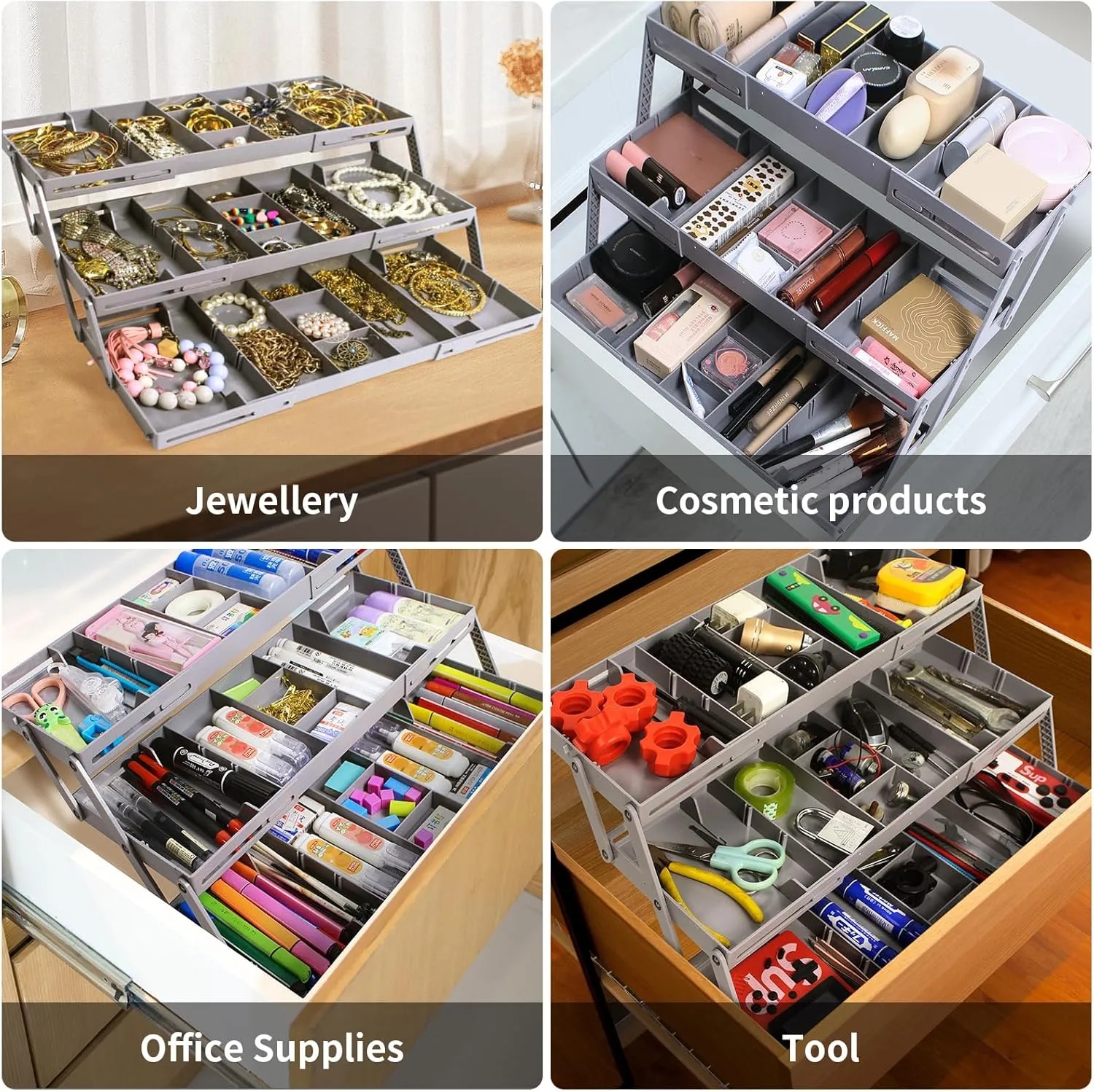 3-Tier Expandable Drawer Organizer - Multi-Level Folding Smart Drawer for Makeup, Jewelry, Desk, Office - 1 Row 3 Tier - Grey