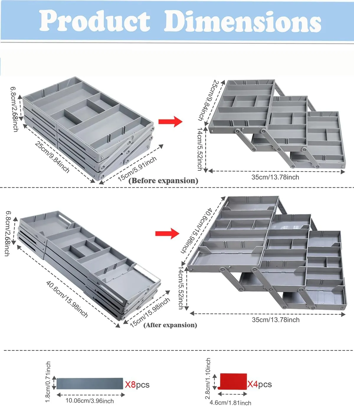 3-Tier Expandable Drawer Organizer - Multi-Level Folding Smart Drawer for Makeup, Jewelry, Desk, Office - 1 Row 3 Tier - Grey