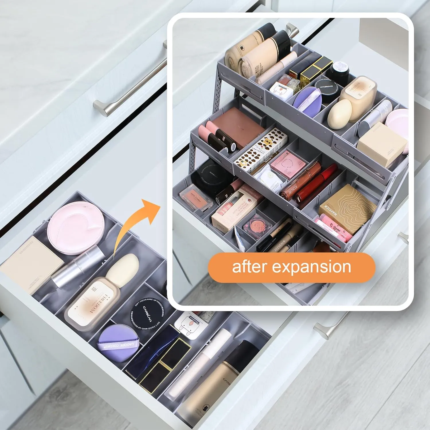 3-Tier Expandable Drawer Organizer - Multi-Level Folding Smart Drawer for Makeup, Jewelry, Desk, Office - 1 Row 3 Tier - Grey
