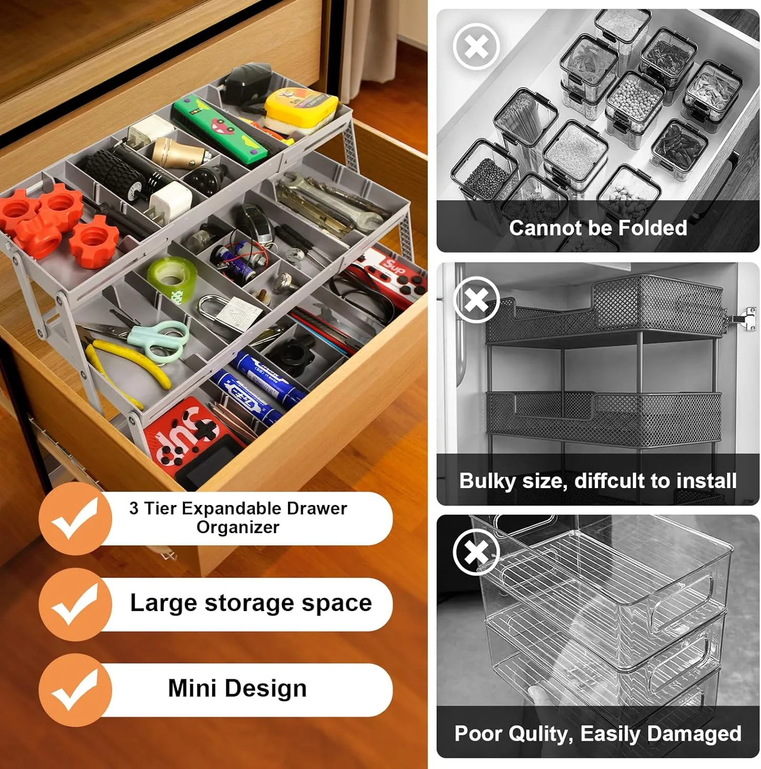 3-Tier Expandable Drawer Organizer - Multi-Level Folding Smart Drawer for Makeup, Jewelry, Desk, Office - 1 Row 3 Tier - Grey