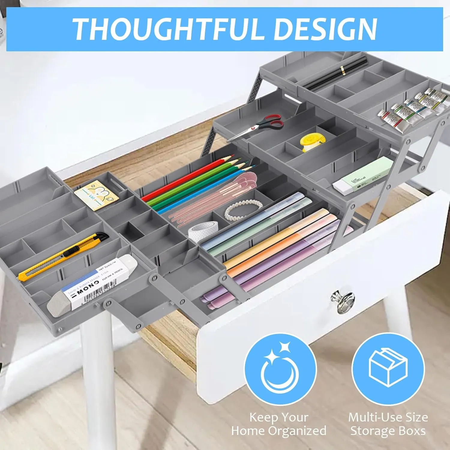 3-Tier Expandable Drawer Organizer, Multi Level Smart Drawer Organizer for Makeup, Jewelry, Office Supplies, 12.4 x 10 x 2.8 Inches (Double row)