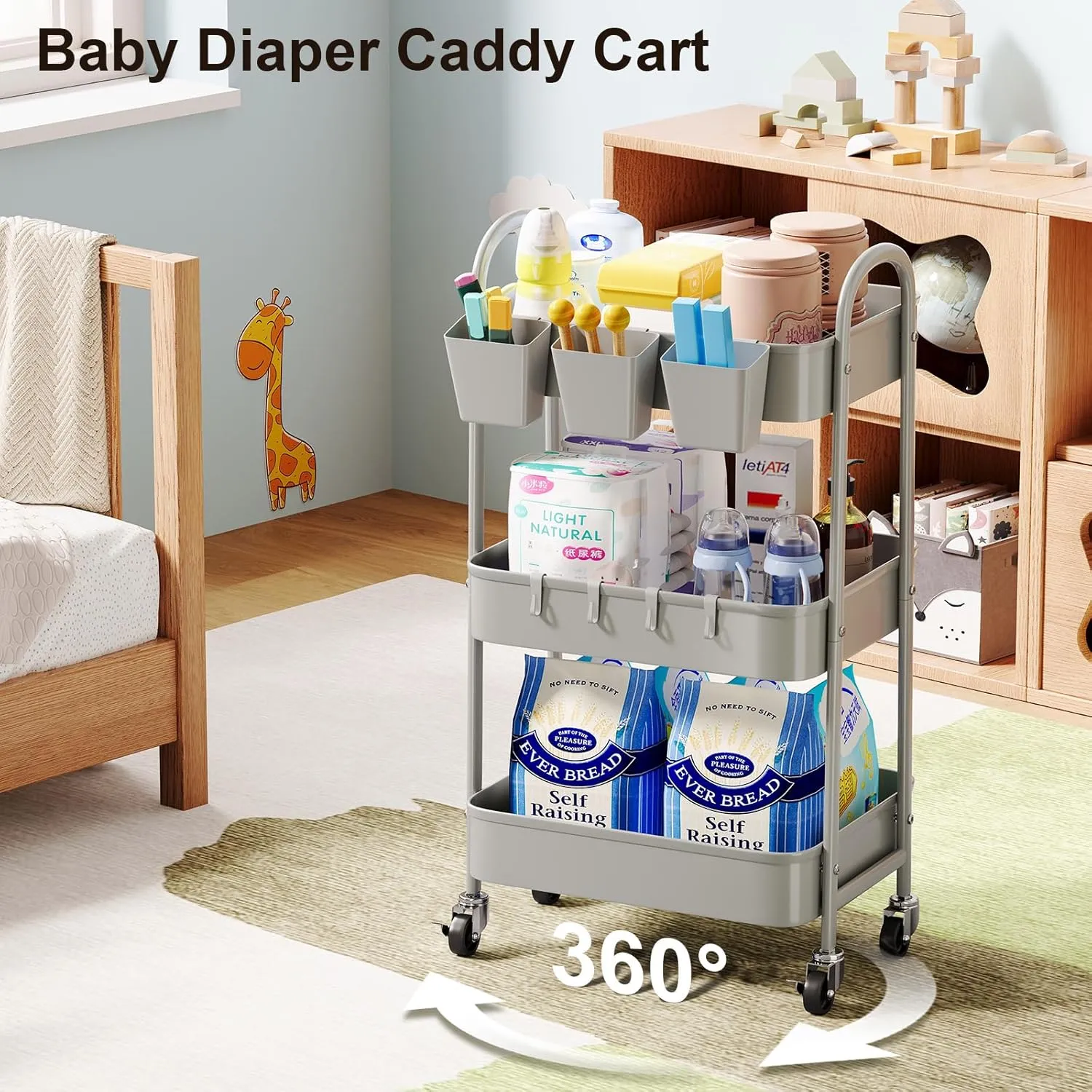 3 Tier Gray Metal Mesh Rolling Cart, Storage Cart with Handle and Lockable Wheels, Three Tier Utility Organizer Carts on Wheels for Kitchen, Office, Bathroom, Art, Craft, Snack, Baby Supplies