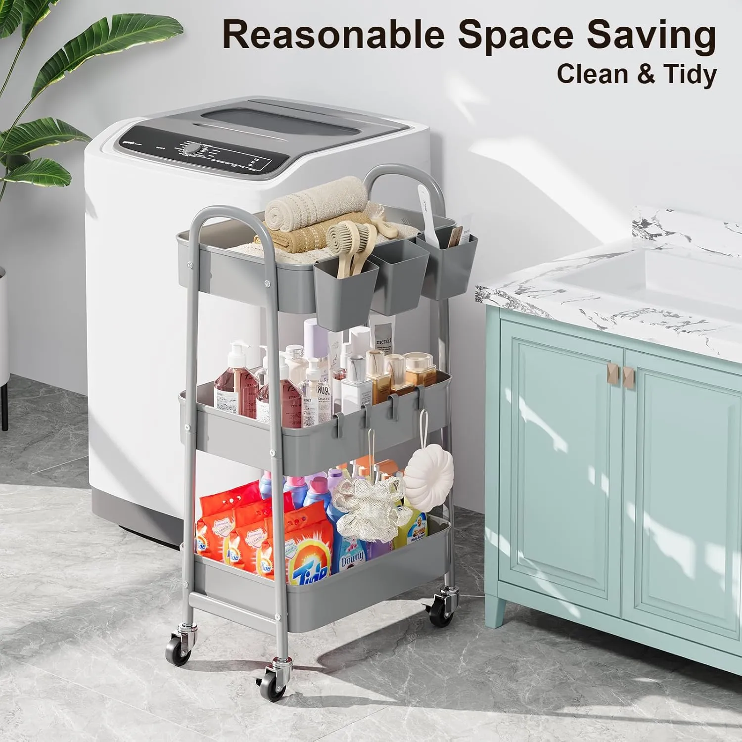 3 Tier Gray Metal Mesh Rolling Cart, Storage Cart with Handle and Lockable Wheels, Three Tier Utility Organizer Carts on Wheels for Kitchen, Office, Bathroom, Art, Craft, Snack, Baby Supplies