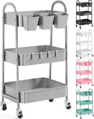 3 Tier Gray Metal Mesh Rolling Cart, Storage Cart with Handle and Lockable Wheels, Three Tier Utility Organizer Carts on Wheels for Kitchen, Office, Bathroom, Art, Craft, Snack, Baby Supplies