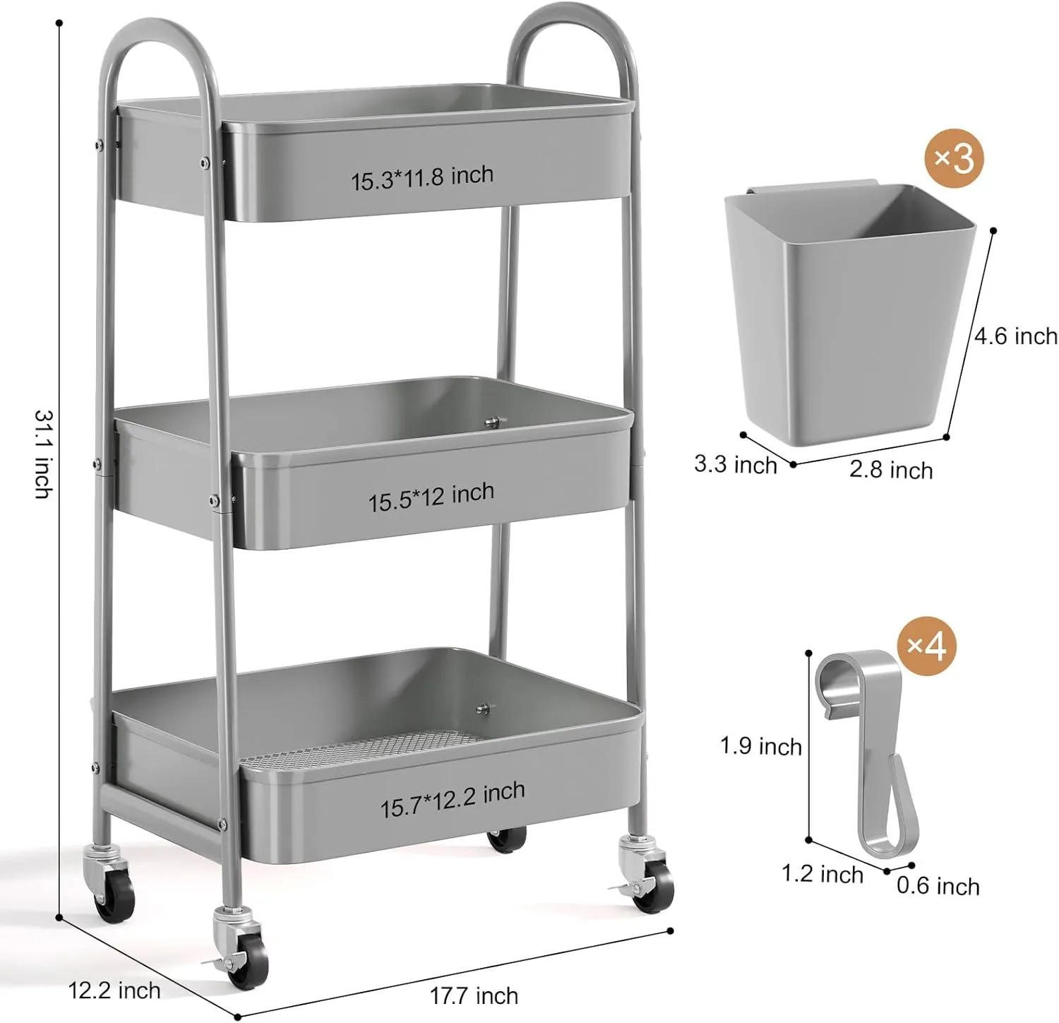 3 Tier Gray Metal Mesh Rolling Cart, Storage Cart with Handle and Lockable Wheels, Three Tier Utility Organizer Carts on Wheels for Kitchen, Office, Bathroom, Art, Craft, Snack, Baby Supplies