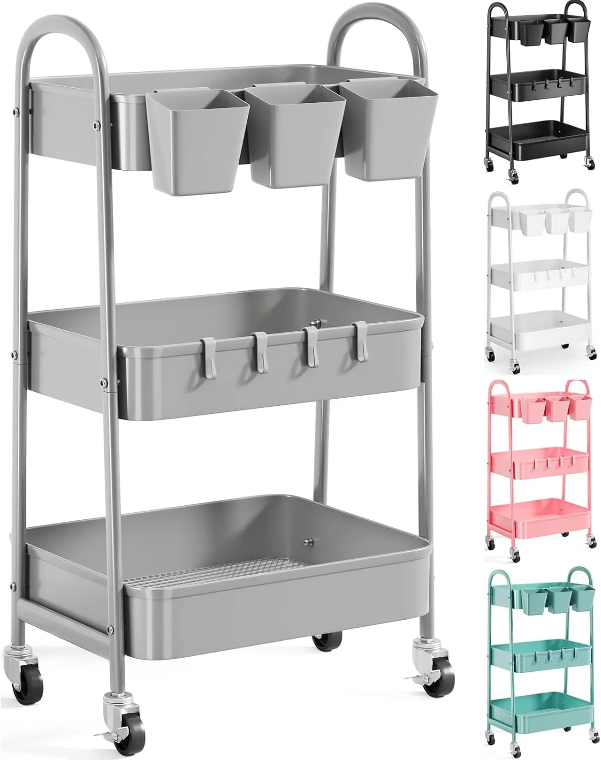 3 Tier Gray Metal Mesh Rolling Cart, Storage Cart with Handle and Lockable Wheels, Three Tier Utility Organizer Carts on Wheels for Kitchen, Office, Bathroom, Art, Craft, Snack, Baby Supplies