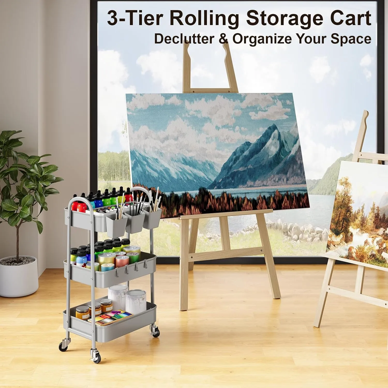 3 Tier Gray Metal Mesh Rolling Cart, Storage Cart with Handle and Lockable Wheels, Three Tier Utility Organizer Carts on Wheels for Kitchen, Office, Bathroom, Art, Craft, Snack, Baby Supplies