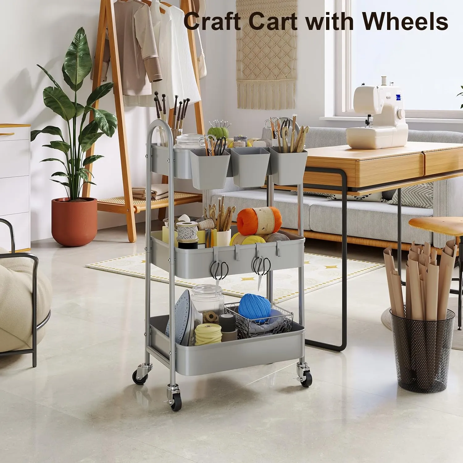 3 Tier Gray Metal Mesh Rolling Cart, Storage Cart with Handle and Lockable Wheels, Three Tier Utility Organizer Carts on Wheels for Kitchen, Office, Bathroom, Art, Craft, Snack, Baby Supplies