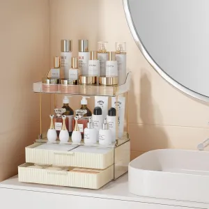 3 Tier Makeup Organizer Countertop - Bathroom Countertop Organizer with 2-Drawer - Large Multi-Purpose Makeup Skin Care Organizer for Vanity, White