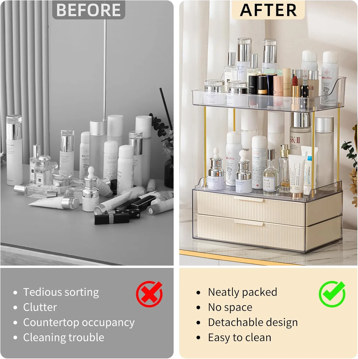 3 Tier Makeup Organizer Countertop - Bathroom Countertop Organizer with 2-Drawer - Large Multi-Purpose Makeup Skin Care Organizer for Vanity, White