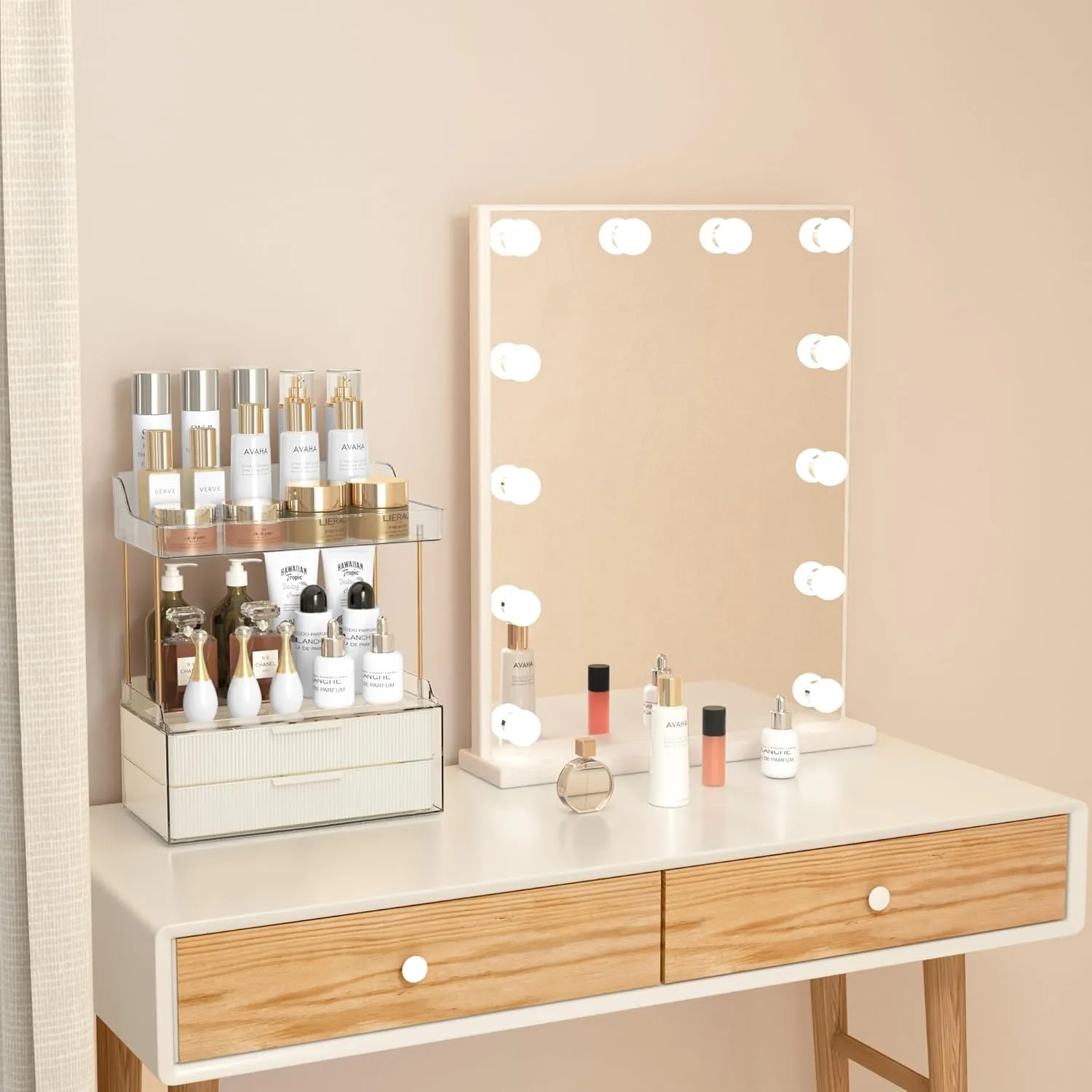 3 Tier Makeup Organizer Countertop - Bathroom Countertop Organizer with 2-Drawer - Large Multi-Purpose Makeup Skin Care Organizer for Vanity, White