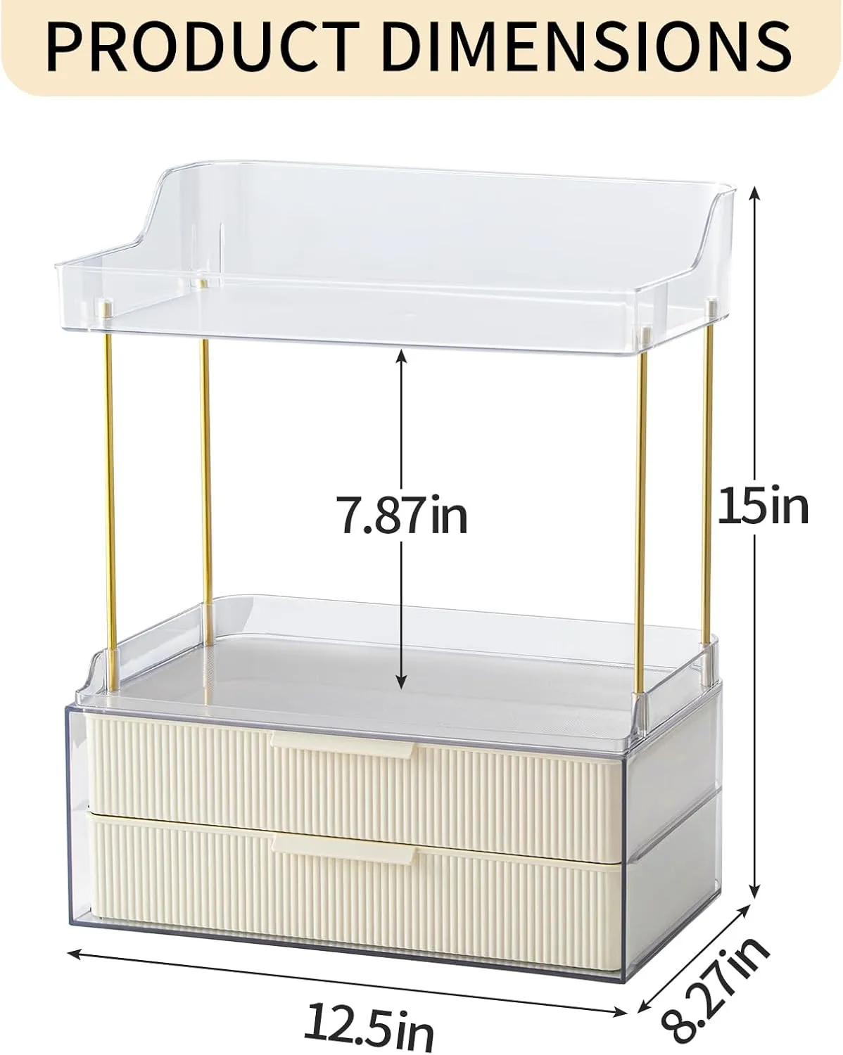 3 Tier Makeup Organizer Countertop - Bathroom Countertop Organizer with 2-Drawer - Large Multi-Purpose Makeup Skin Care Organizer for Vanity, White