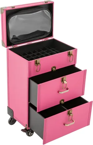3 Tier Portables Makeup Train Case ,High Safety Rolling Makeup Trolley Case, Nail Polish Organizer, Jewelry Travel Cosmetic Train Case for Wedding Makeup Artists and Cosmetic Trainees (Rose Red)
