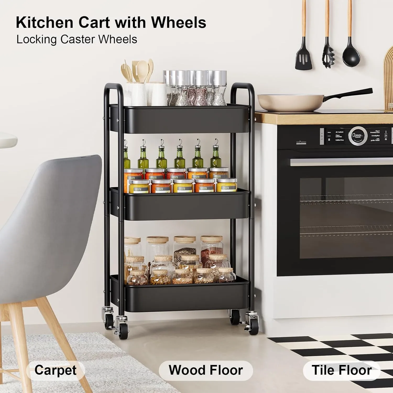 3 Tier Rolling Cart Metal, Black Carts with Lockable Wheels, Three Tiered Utility Trolley on Wheels, Sturdy Art Cart Organizer Storage for Craft, Snack, Book, Kitchen, Bathroom,Office,Teacher Supplies