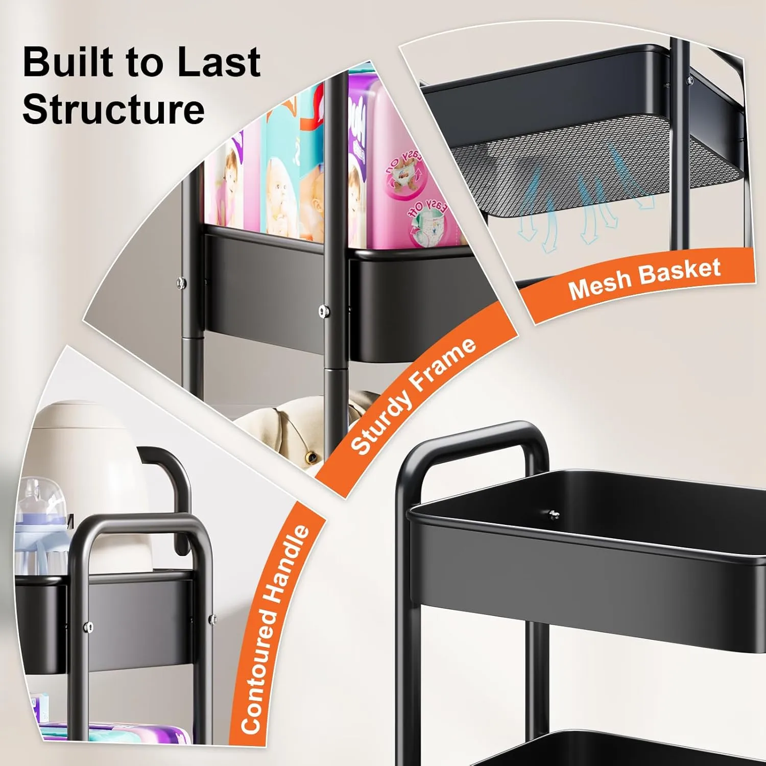 3 Tier Rolling Cart Metal, Black Carts with Lockable Wheels, Three Tiered Utility Trolley on Wheels, Sturdy Art Cart Organizer Storage for Craft, Snack, Book, Kitchen, Bathroom,Office,Teacher Supplies