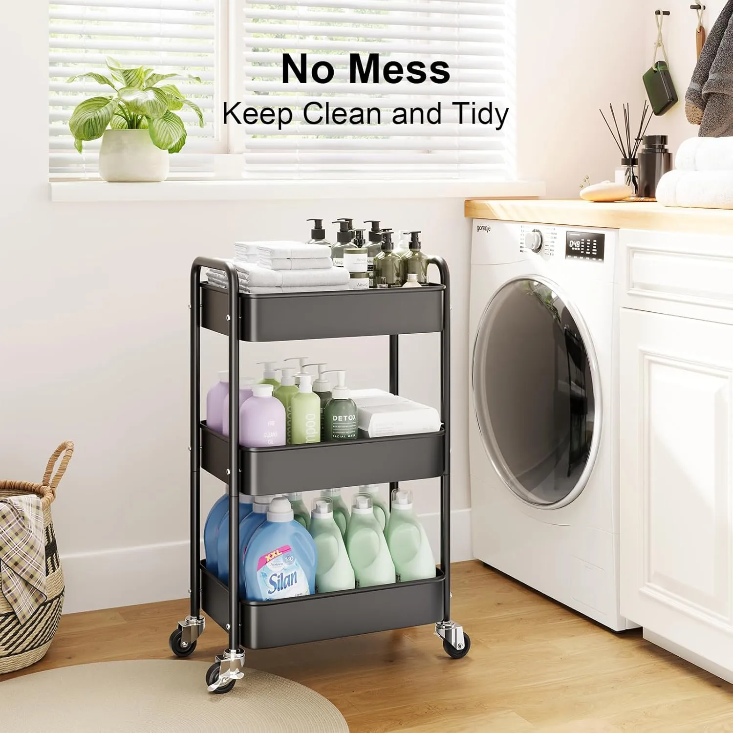 3 Tier Rolling Cart Metal, Black Carts with Lockable Wheels, Three Tiered Utility Trolley on Wheels, Sturdy Art Cart Organizer Storage for Craft, Snack, Book, Kitchen, Bathroom,Office,Teacher Supplies