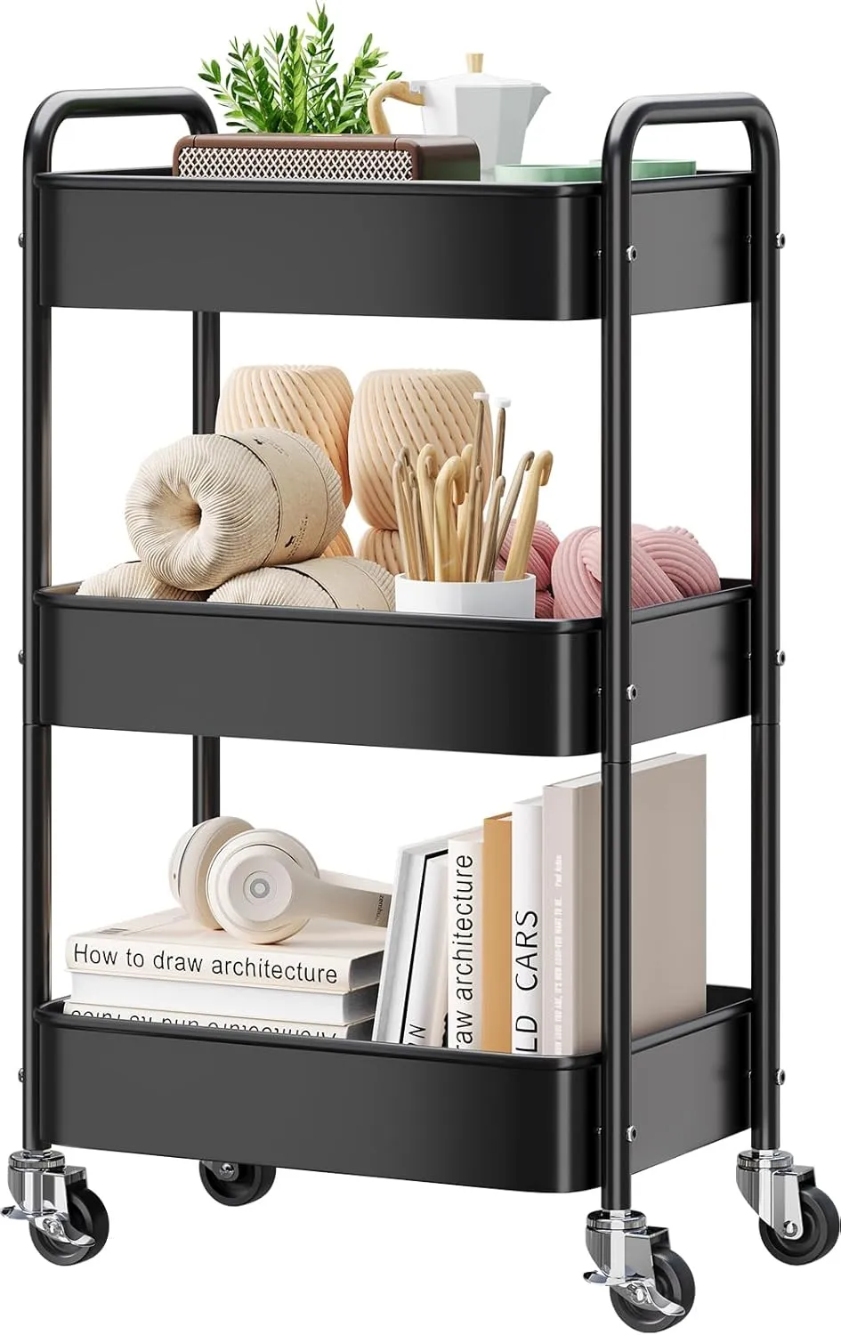 3 Tier Rolling Cart Metal, Black Carts with Lockable Wheels, Three Tiered Utility Trolley on Wheels, Sturdy Art Cart Organizer Storage for Craft, Snack, Book, Kitchen, Bathroom,Office,Teacher Supplies