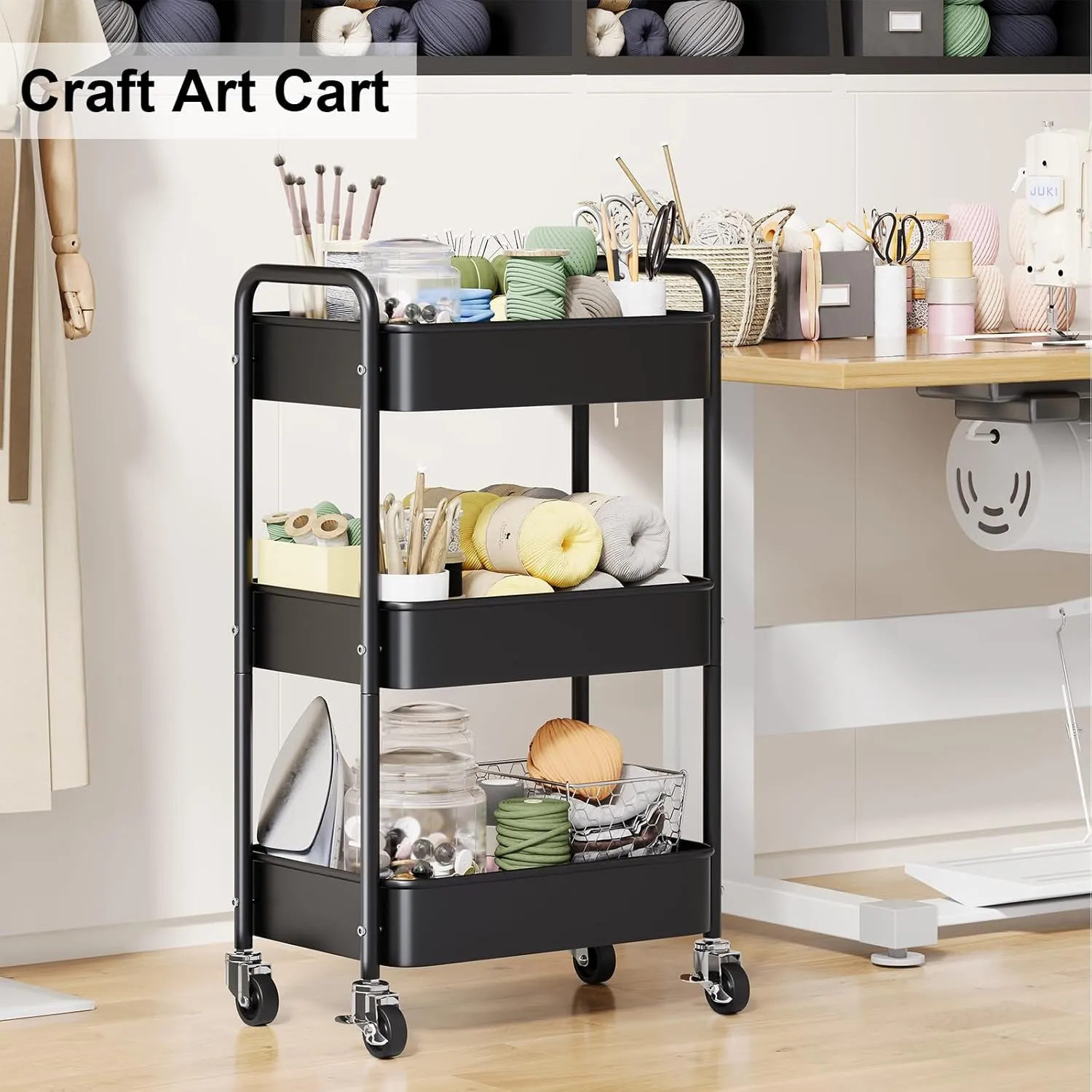 3 Tier Rolling Cart Metal, Black Carts with Lockable Wheels, Three Tiered Utility Trolley on Wheels, Sturdy Art Cart Organizer Storage for Craft, Snack, Book, Kitchen, Bathroom,Office,Teacher Supplies