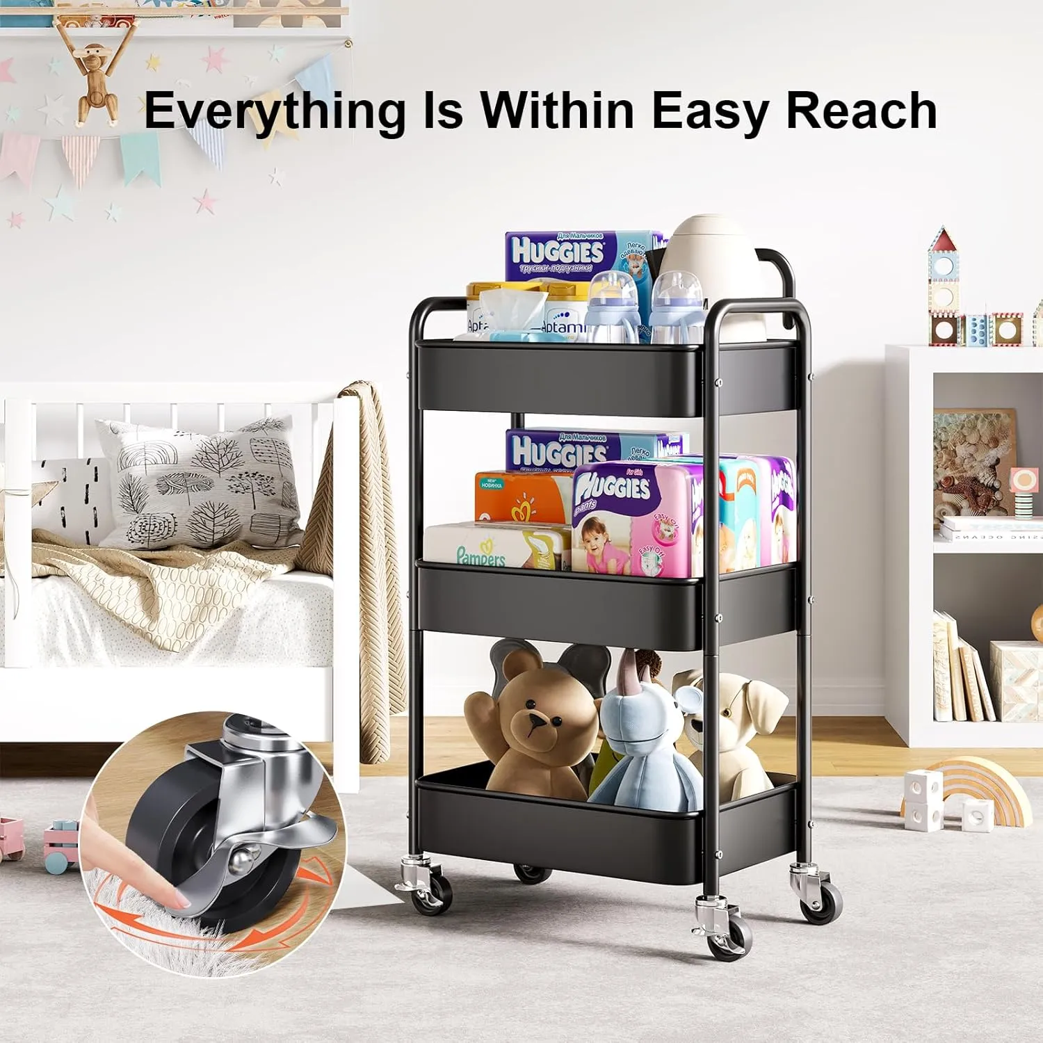 3 Tier Rolling Cart Metal, Black Carts with Lockable Wheels, Three Tiered Utility Trolley on Wheels, Sturdy Art Cart Organizer Storage for Craft, Snack, Book, Kitchen, Bathroom,Office,Teacher Supplies