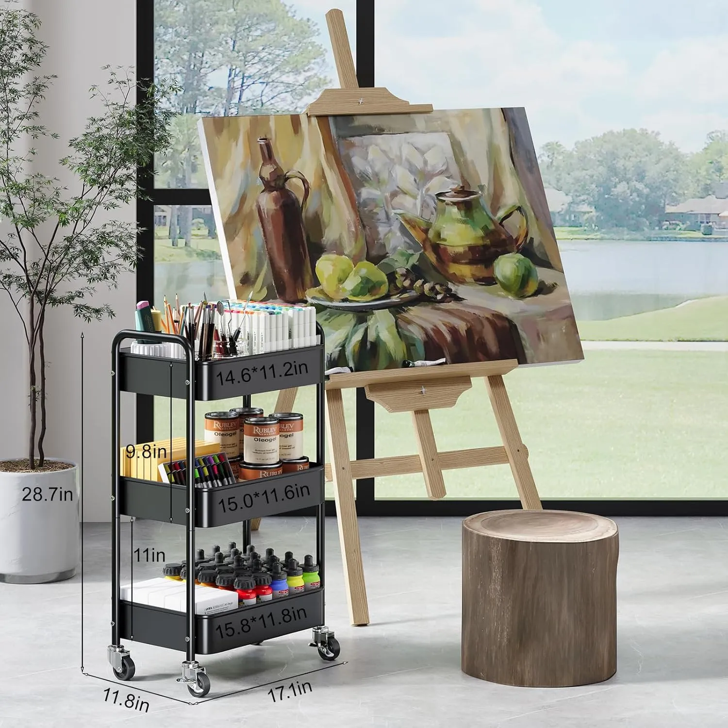 3 Tier Rolling Cart Metal, Black Carts with Lockable Wheels, Three Tiered Utility Trolley on Wheels, Sturdy Art Cart Organizer Storage for Craft, Snack, Book, Kitchen, Bathroom,Office,Teacher Supplies