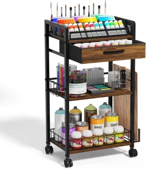 3 Tier Rolling Cart - Metal Utility Cart with Storage Drawer and Wheels, Versatile Art & Craft Organizer for Home, Office, or Studio Ideal for Storing Brushes, Paints, and Supplies Brown