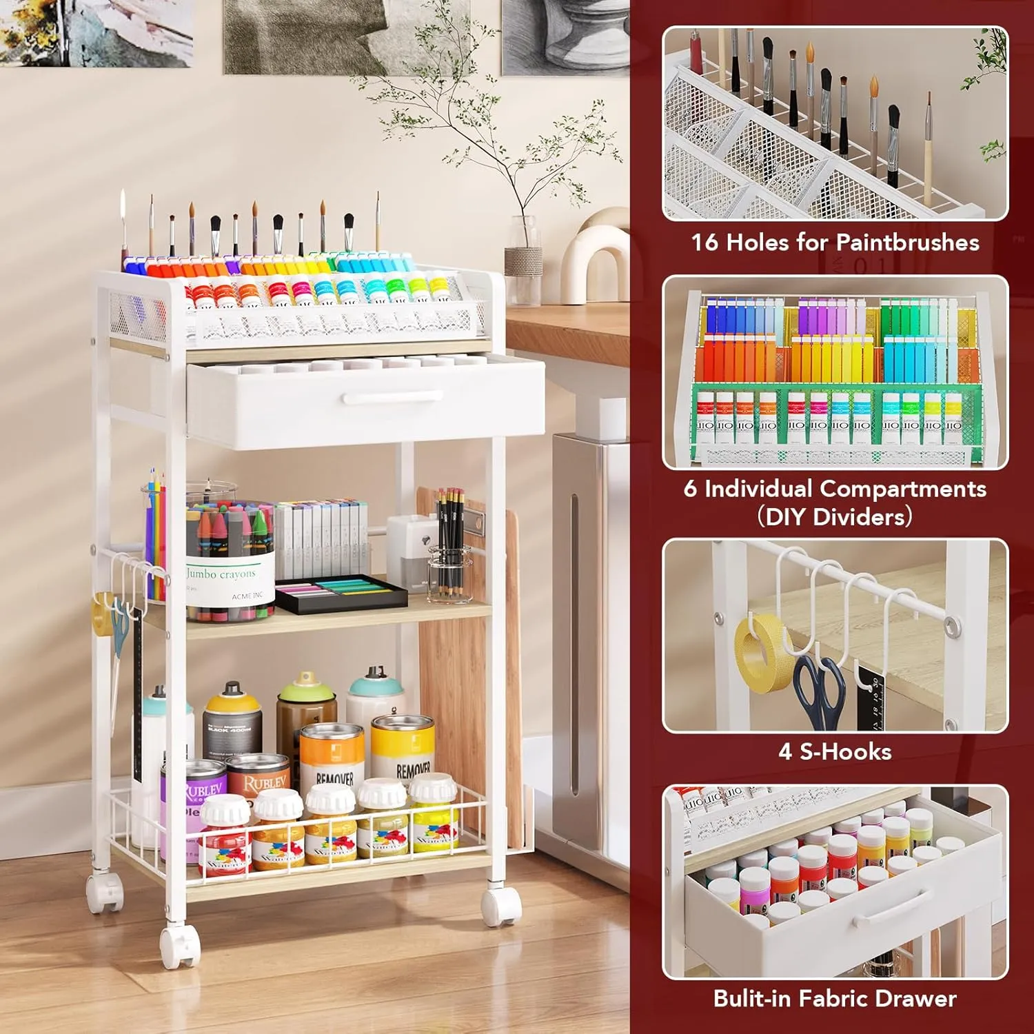 3 Tier Rolling Cart - Metal Utility Cart with Storage Drawer and Wheels, Versatile Art & Craft Organizer for Home, Office, or Studio Ideal for Storing Brushes, Paints, and Supplies White