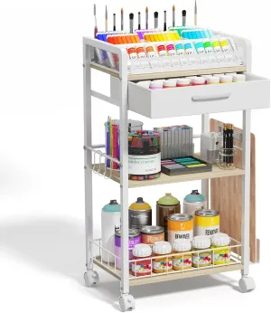 3 Tier Rolling Cart - Metal Utility Cart with Storage Drawer and Wheels, Versatile Art & Craft Organizer for Home, Office, or Studio Ideal for Storing Brushes, Paints, and Supplies White