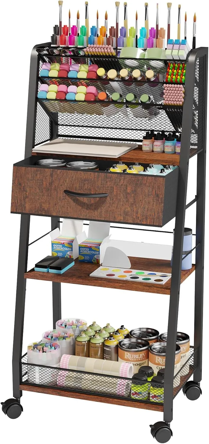 3 Tier Rolling Cart - Metal Utility Cart with Storage Drawer and Wheels, Versatile Art & Craft Organizer for Home, Office, or Studio - Ideal for Storing Brushes, Paints, and Supplies
