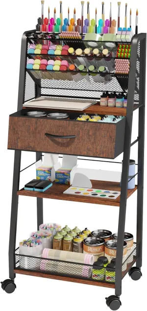 3 Tier Rolling Cart - Metal Utility Cart with Storage Drawer and Wheels, Versatile Art & Craft Organizer for Home, Office, or Studio - Ideal for Storing Brushes, Paints, and Supplies