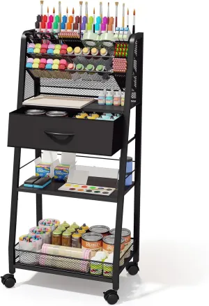 3 Tier Rolling Cart - Metal Utility Cart with Storage Drawer and Wheels, Versatile Art & Craft Organizer for Home, Office, or Studio - Ideal for Storing Brushes, Paints, and Supplies（Black）