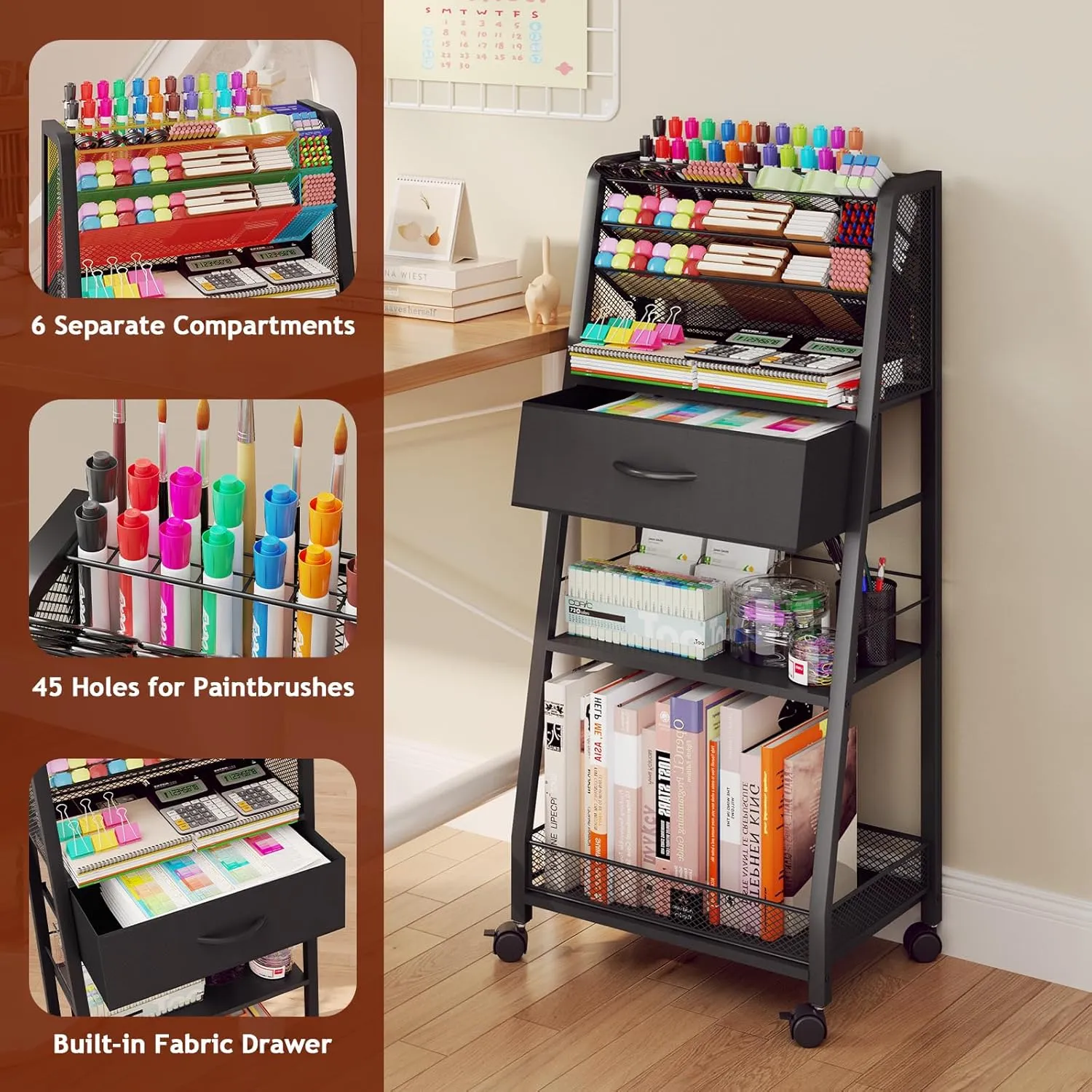 3 Tier Rolling Cart - Metal Utility Cart with Storage Drawer and Wheels, Versatile Art & Craft Organizer for Home, Office, or Studio - Ideal for Storing Brushes, Paints, and Supplies（Black）
