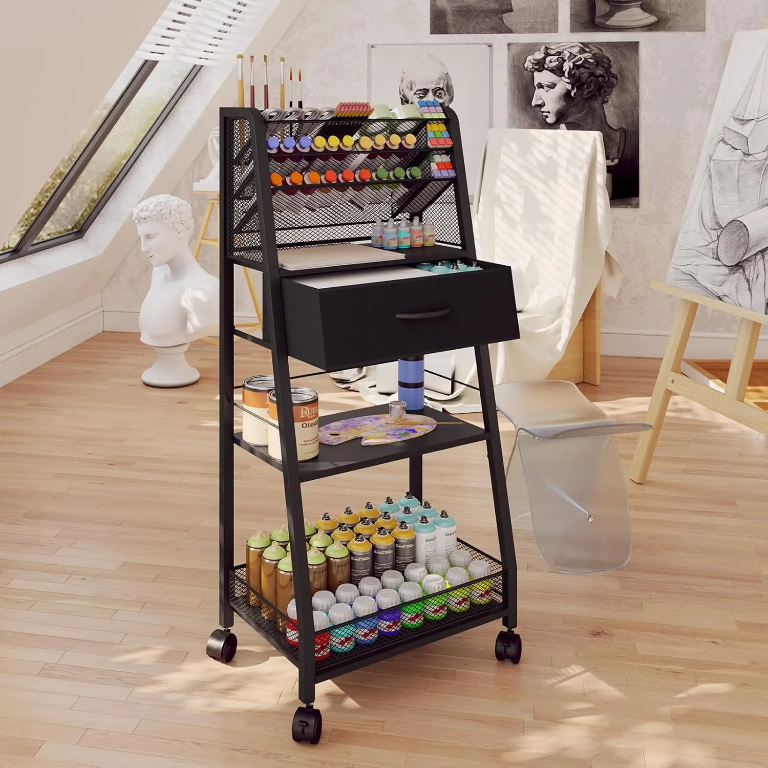 3 Tier Rolling Cart - Metal Utility Cart with Storage Drawer and Wheels, Versatile Art & Craft Organizer for Home, Office, or Studio - Ideal for Storing Brushes, Paints, and Supplies（Black）
