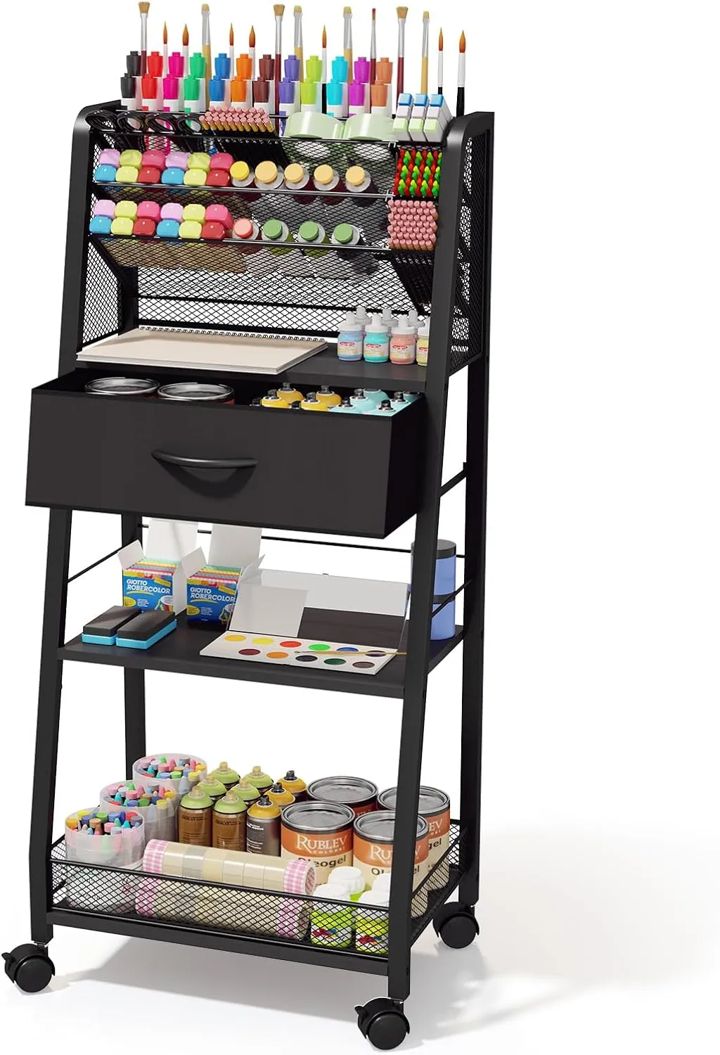 3 Tier Rolling Cart - Metal Utility Cart with Storage Drawer and Wheels, Versatile Art & Craft Organizer for Home, Office, or Studio - Ideal for Storing Brushes, Paints, and Supplies（Black）