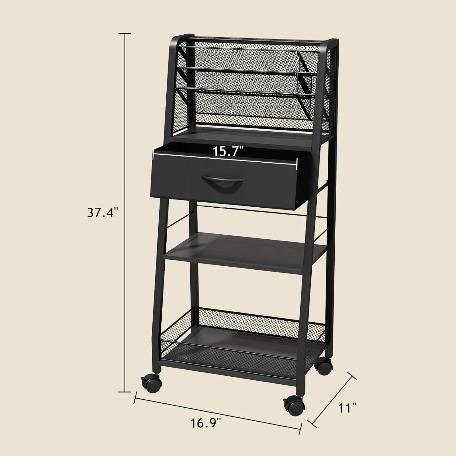 3 Tier Rolling Cart - Metal Utility Cart with Storage Drawer and Wheels, Versatile Art & Craft Organizer for Home, Office, or Studio - Ideal for Storing Brushes, Paints, and Supplies（Black）
