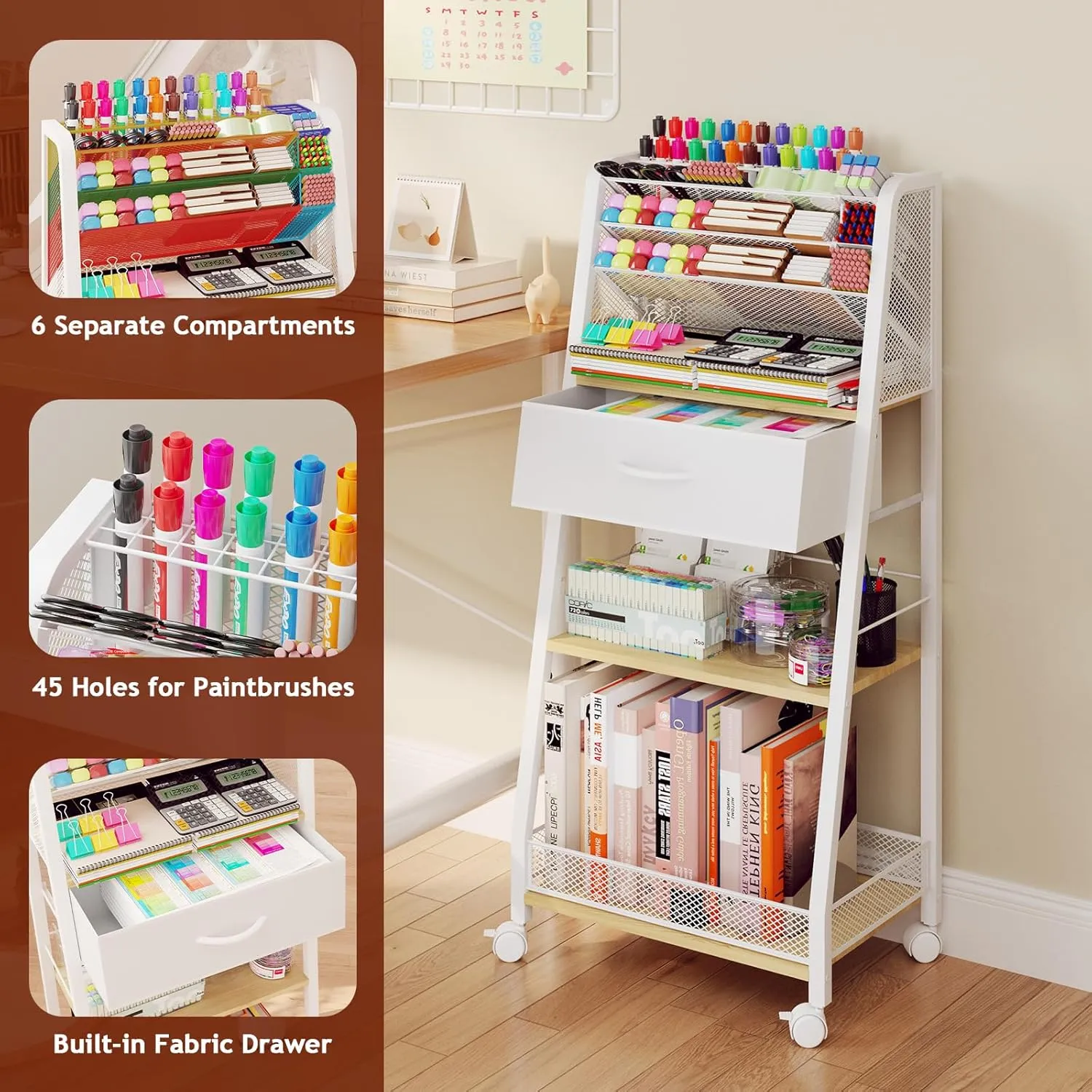 3 Tier Rolling Cart - Metal Utility Cart with Storage Drawer and Wheels, Versatile Art & Craft Organizer for Home, Office, or Studio - Ideal for Storing Brushes, Paints, and Supplies（Maple）