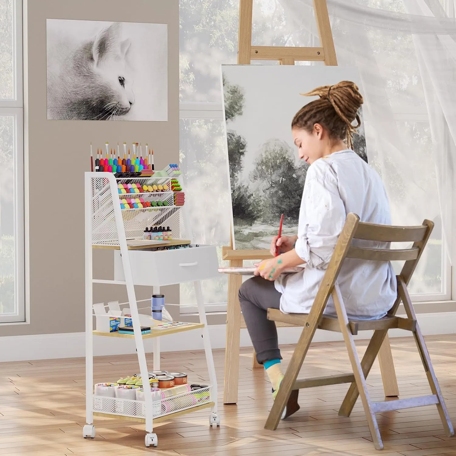 3 Tier Rolling Cart - Metal Utility Cart with Storage Drawer and Wheels, Versatile Art & Craft Organizer for Home, Office, or Studio - Ideal for Storing Brushes, Paints, and Supplies（Maple）
