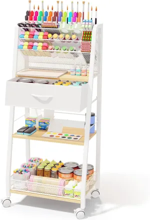 3 Tier Rolling Cart - Metal Utility Cart with Storage Drawer and Wheels, Versatile Art & Craft Organizer for Home, Office, or Studio - Ideal for Storing Brushes, Paints, and Supplies（Maple）