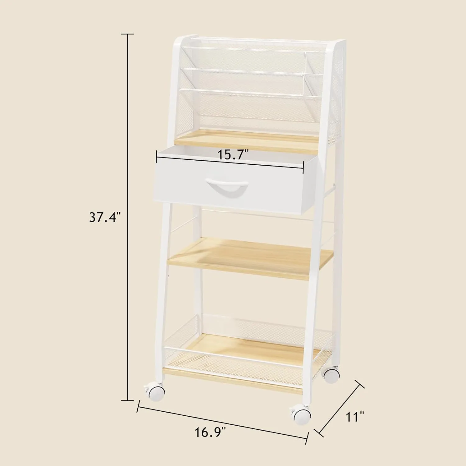 3 Tier Rolling Cart - Metal Utility Cart with Storage Drawer and Wheels, Versatile Art & Craft Organizer for Home, Office, or Studio - Ideal for Storing Brushes, Paints, and Supplies（Maple）
