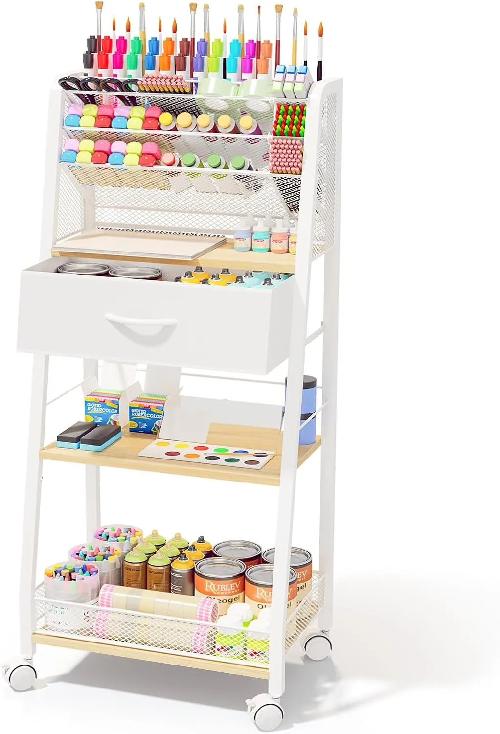 3 Tier Rolling Cart - Metal Utility Cart with Storage Drawer and Wheels, Versatile Art & Craft Organizer for Home, Office, or Studio - Ideal for Storing Brushes, Paints, and Supplies（Maple）