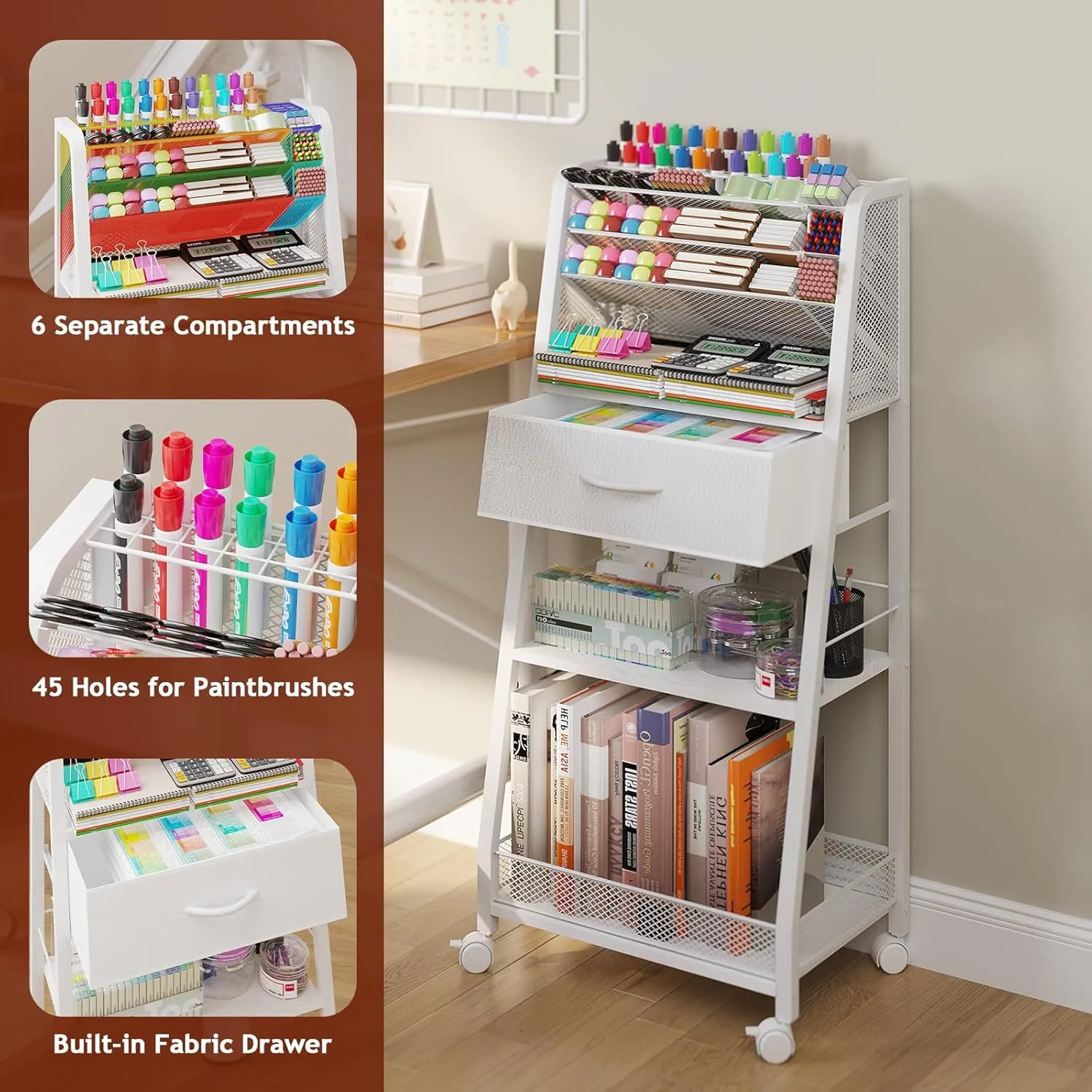 3 Tier Rolling Cart - Metal Utility Cart with Storage Drawer and Wheels, Versatile Art & Craft Organizer for Home, Office, or Studio - Ideal for Storing Brushes, Paints, and Supplies（White）