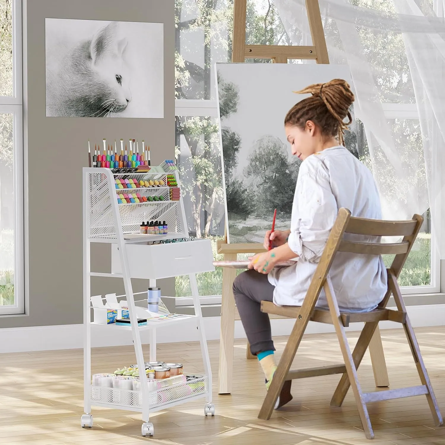3 Tier Rolling Cart - Metal Utility Cart with Storage Drawer and Wheels, Versatile Art & Craft Organizer for Home, Office, or Studio - Ideal for Storing Brushes, Paints, and Supplies（White）