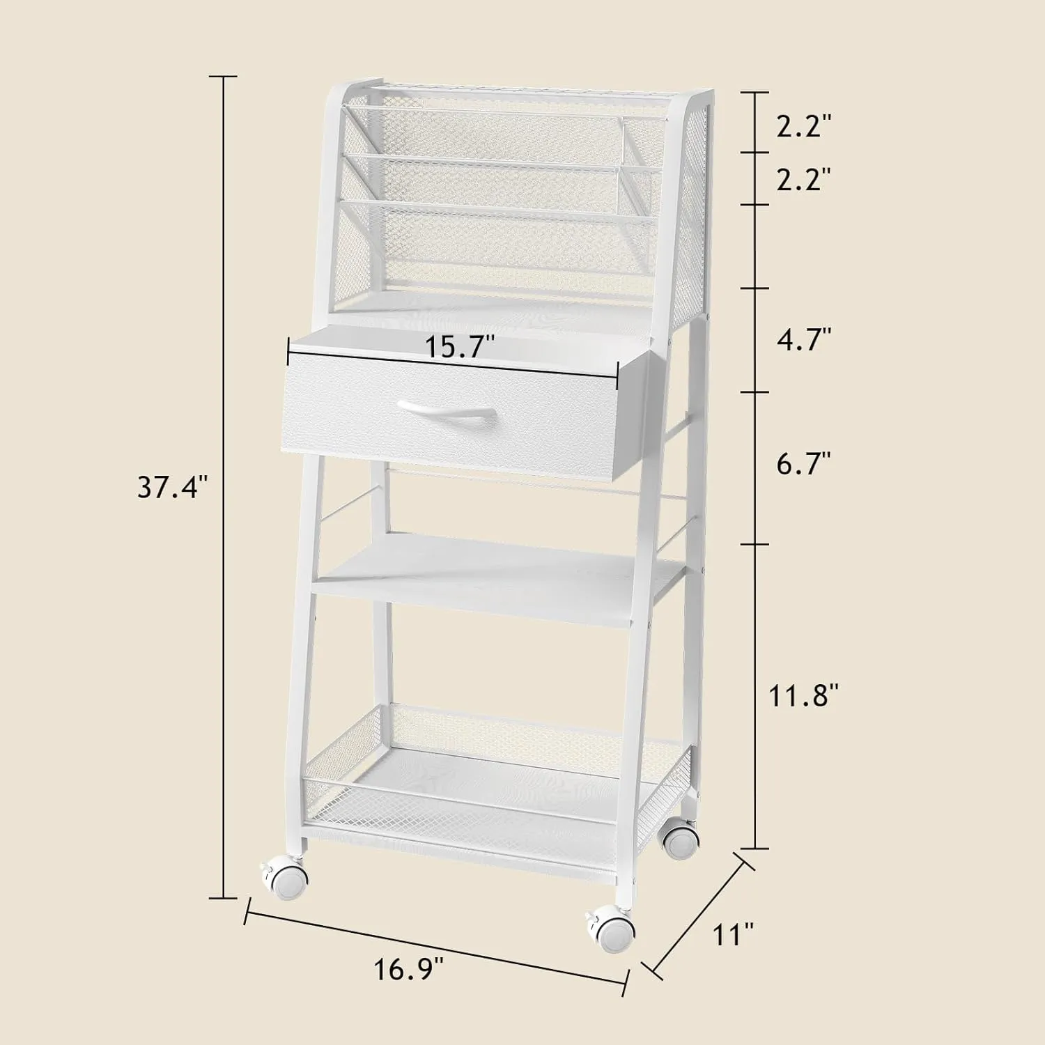 3 Tier Rolling Cart - Metal Utility Cart with Storage Drawer and Wheels, Versatile Art & Craft Organizer for Home, Office, or Studio - Ideal for Storing Brushes, Paints, and Supplies（White）