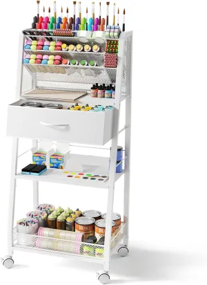 3 Tier Rolling Cart - Metal Utility Cart with Storage Drawer and Wheels, Versatile Art & Craft Organizer for Home, Office, or Studio - Ideal for Storing Brushes, Paints, and Supplies（White）